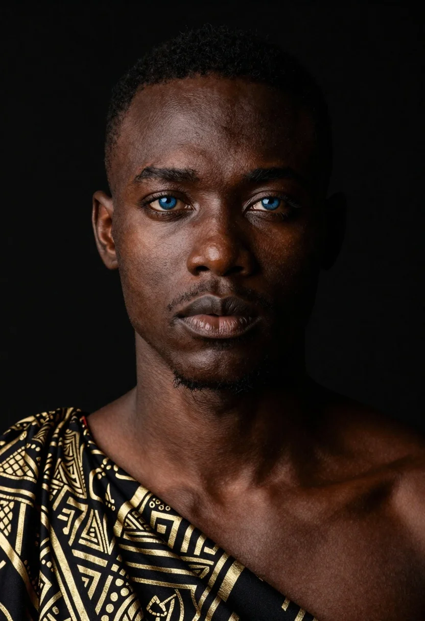 Black man portrait with blue eyes dramatic lighting - AI generated image prompt sample