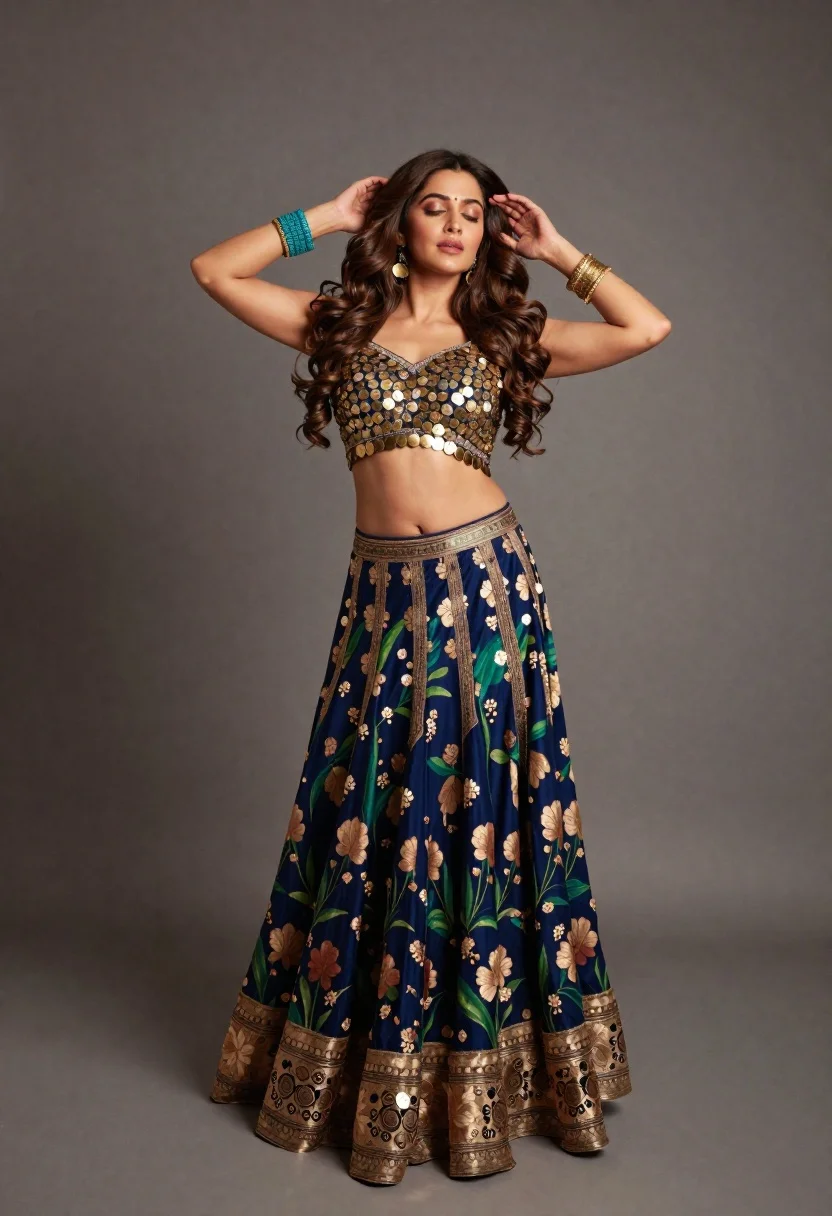 Full body portrait of woman in embellished lehenga choli studio setting