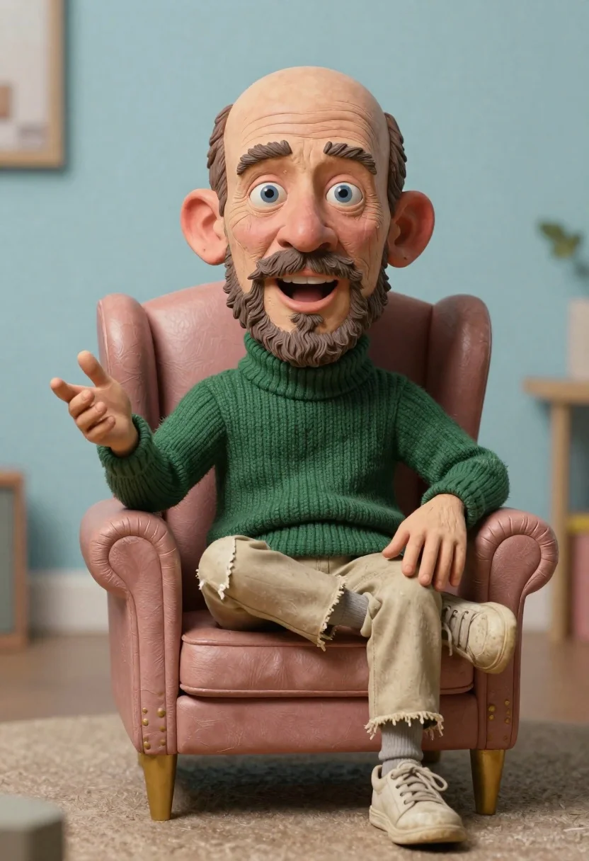 Hyperrealistic caricature sculpture of a man sitting