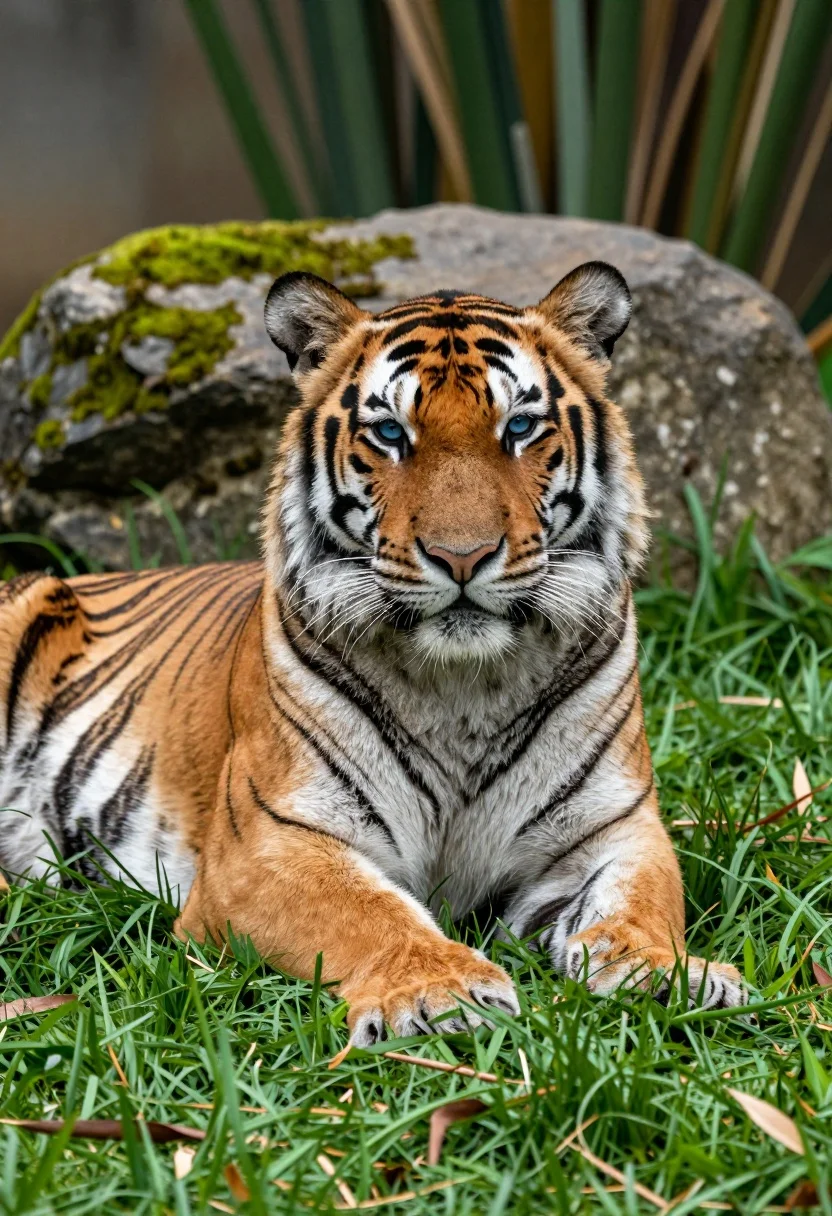 Majestic tiger resting on vibrant green grass near mossy rock - AI generated image prompt sample