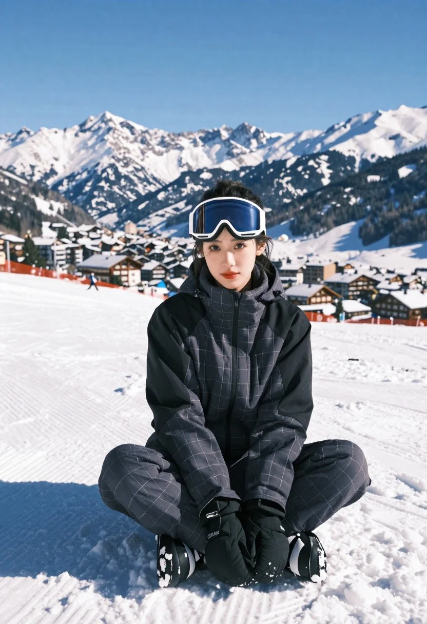 Young woman in charcoal ski suit sitting in deep snow mountains - AI generated image prompt sample