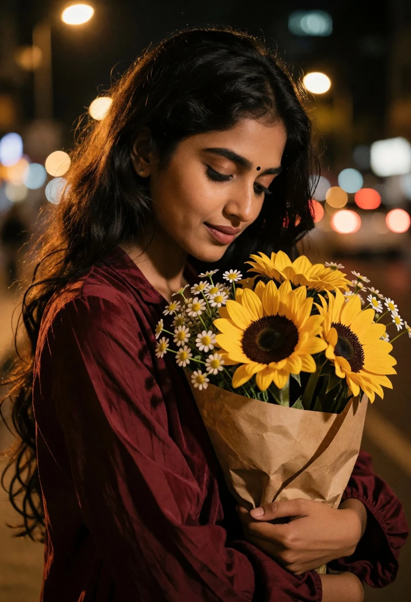 Close up portrait of woman holding flowers in blurred nighttime city street - AI generated image prompt sample