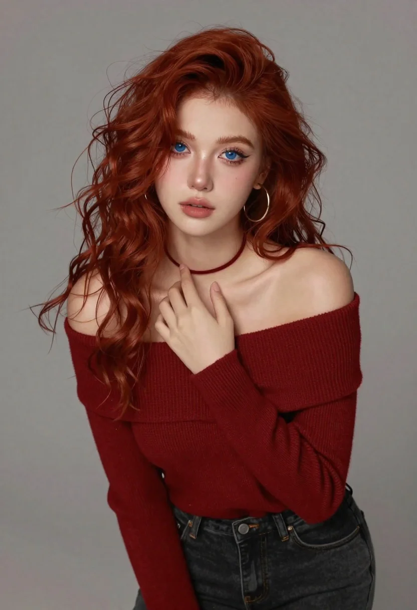 Portrait of young woman with red hair and blue eyes - AI generated image prompt sample