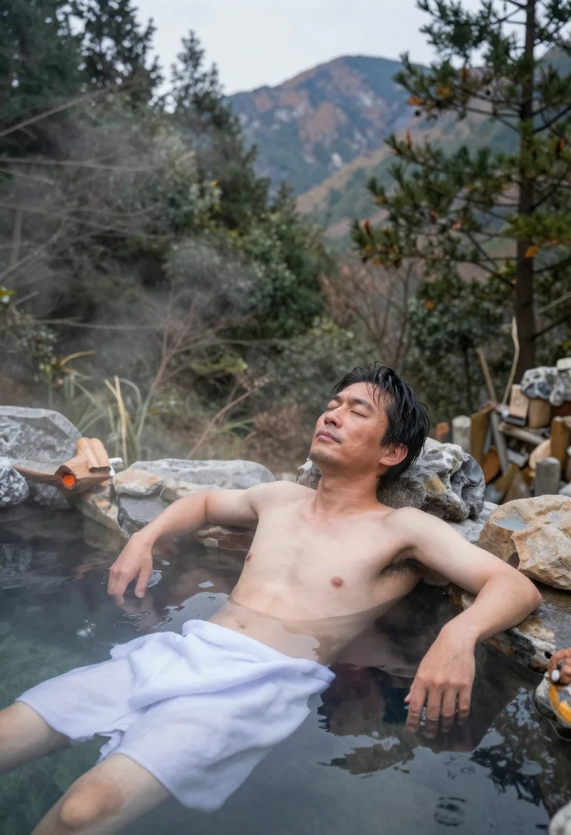 Middle aged japanese man soaking in misty outdoor hot spring among mountains