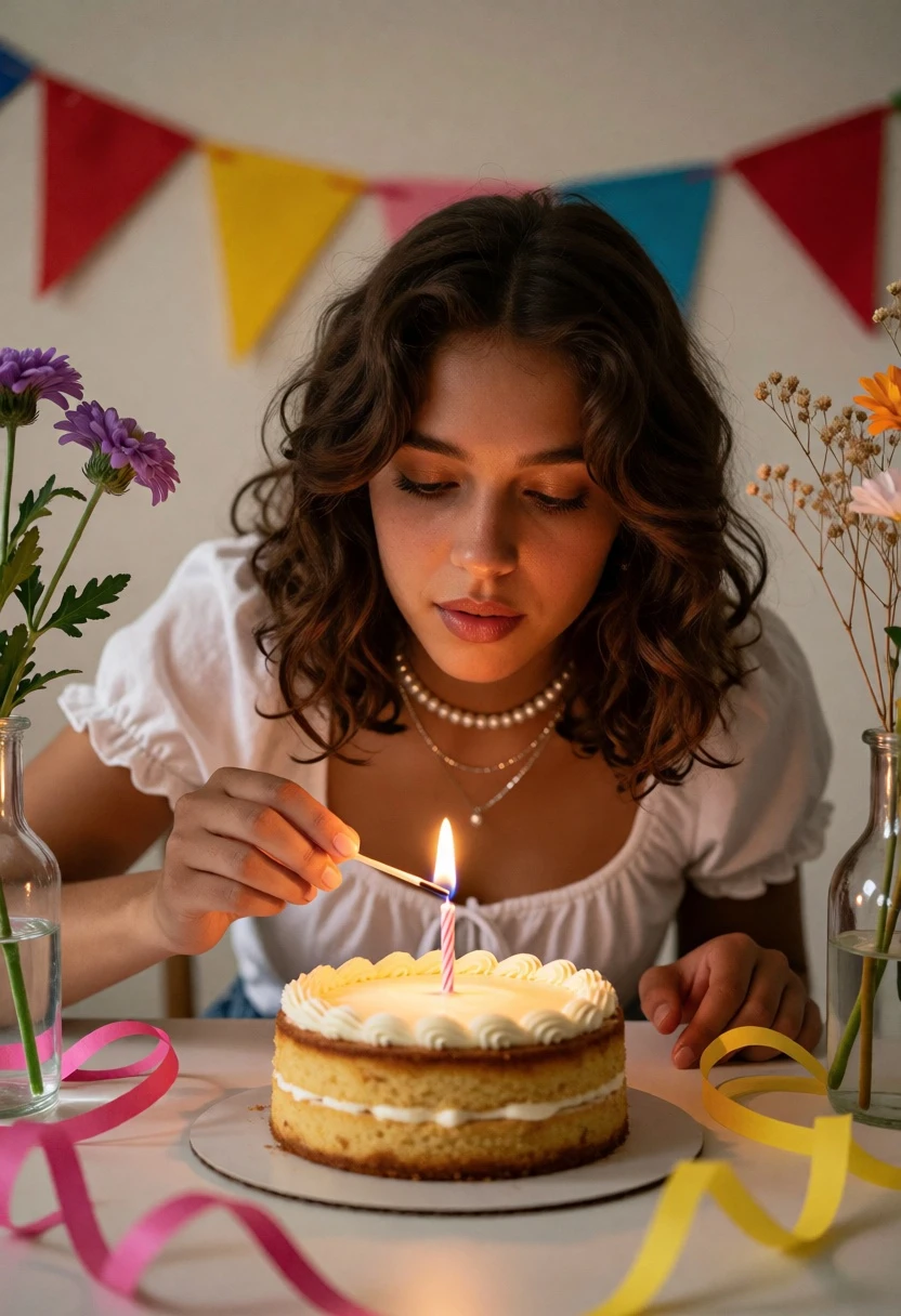 Young woman lighting birthday candle indoors with flowers and bunting banner - AI generated image prompt sample