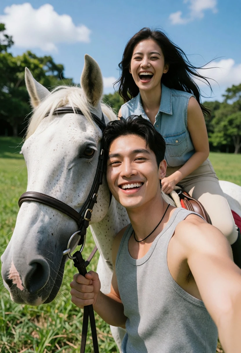 Joyful couple selfie outdoors with white horse in lush green field - AI generated image prompt sample