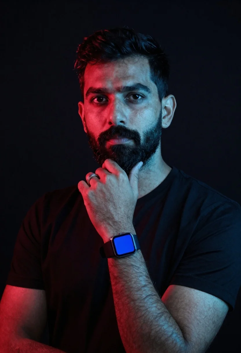 Bearded man in black shirt with blue smartwatch portrait - AI generated image prompt sample