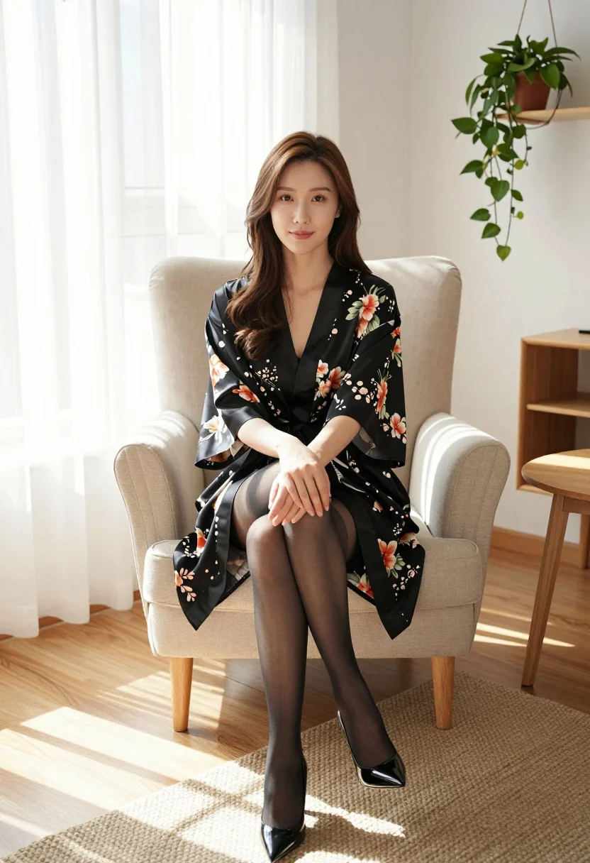 Woman with brown hair sitting in beige armchair in sunlit room - AI generated image prompt sample