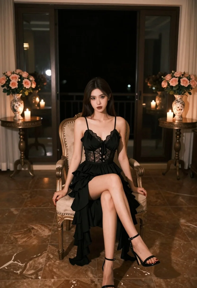 Woman in black slip dress seated in dimly lit room - AI generated image prompt sample