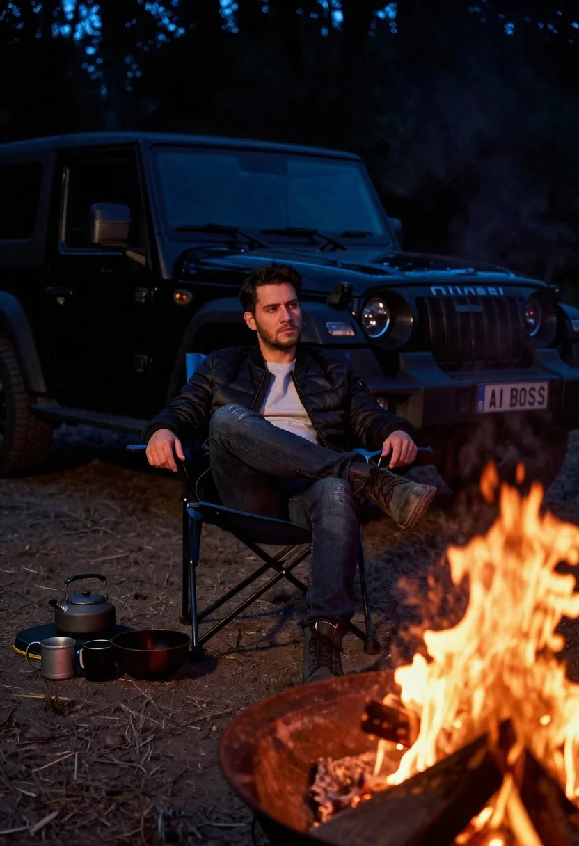 Man in bomber jacket sitting by campfire with suv at night - AI generated image prompt sample