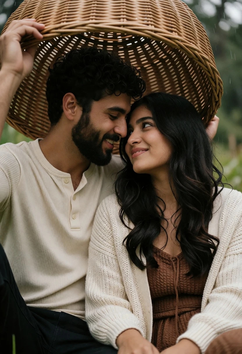 Intimate couple under woven basket in soft diffused rain light - AI generated image prompt sample