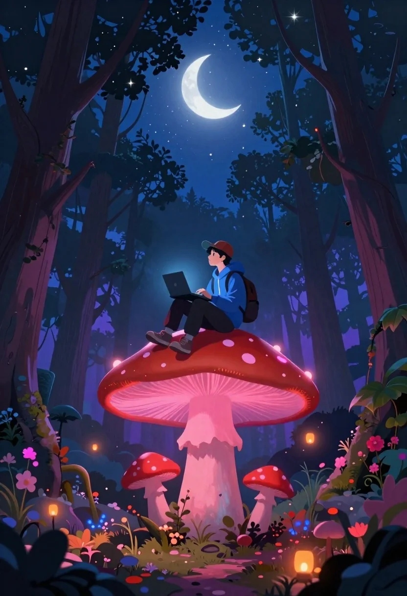 Man on mushroom in magical forest at night - AI generated image prompt sample