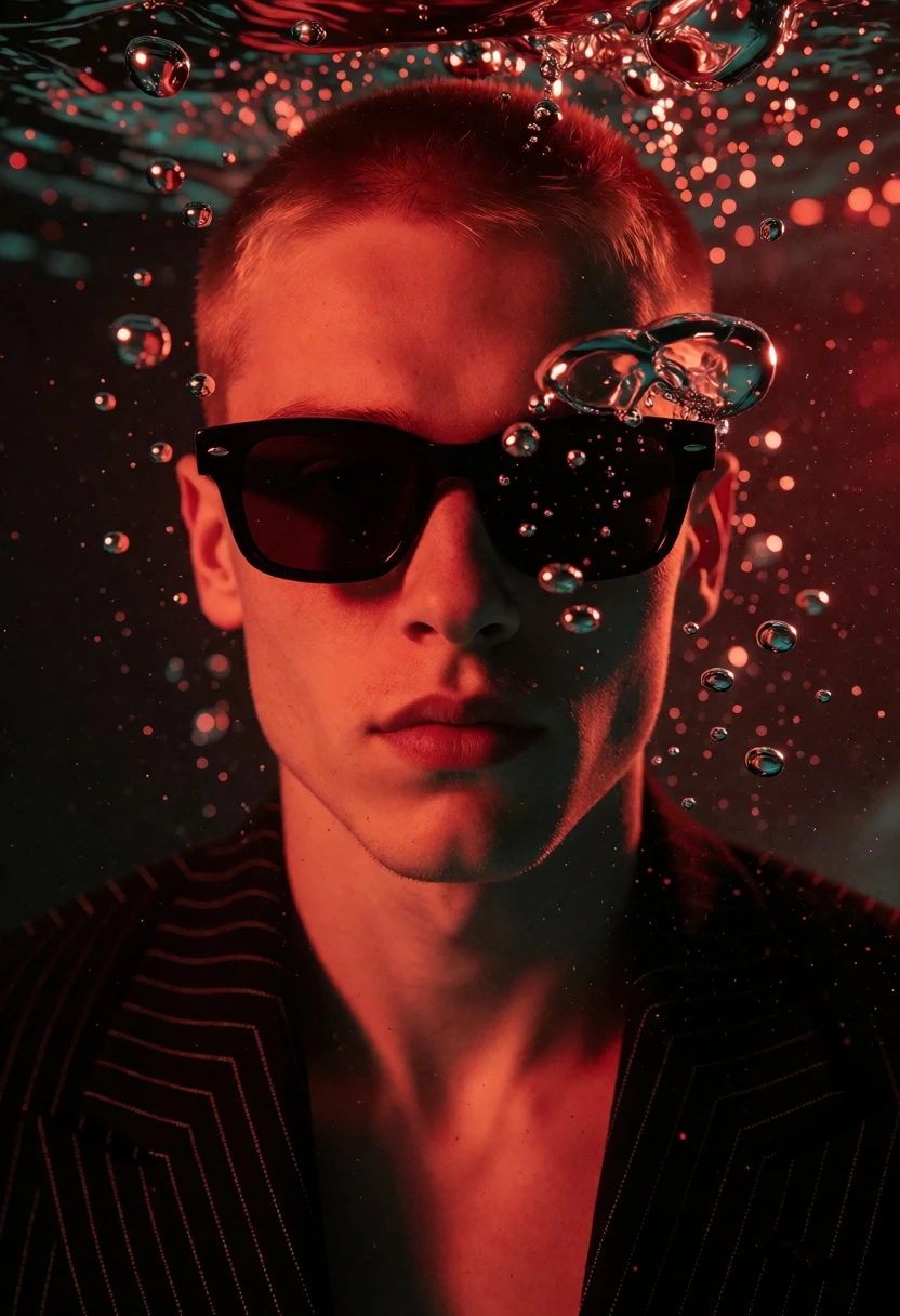 Close up portrait of young man submerged underwater with dark sunglasses - AI generated image prompt sample