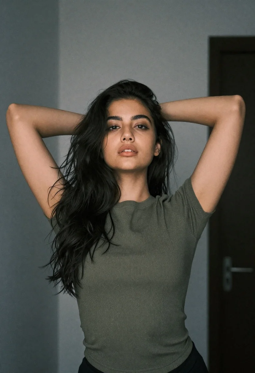 Young woman in olive green top posing indoors with arms raised behind