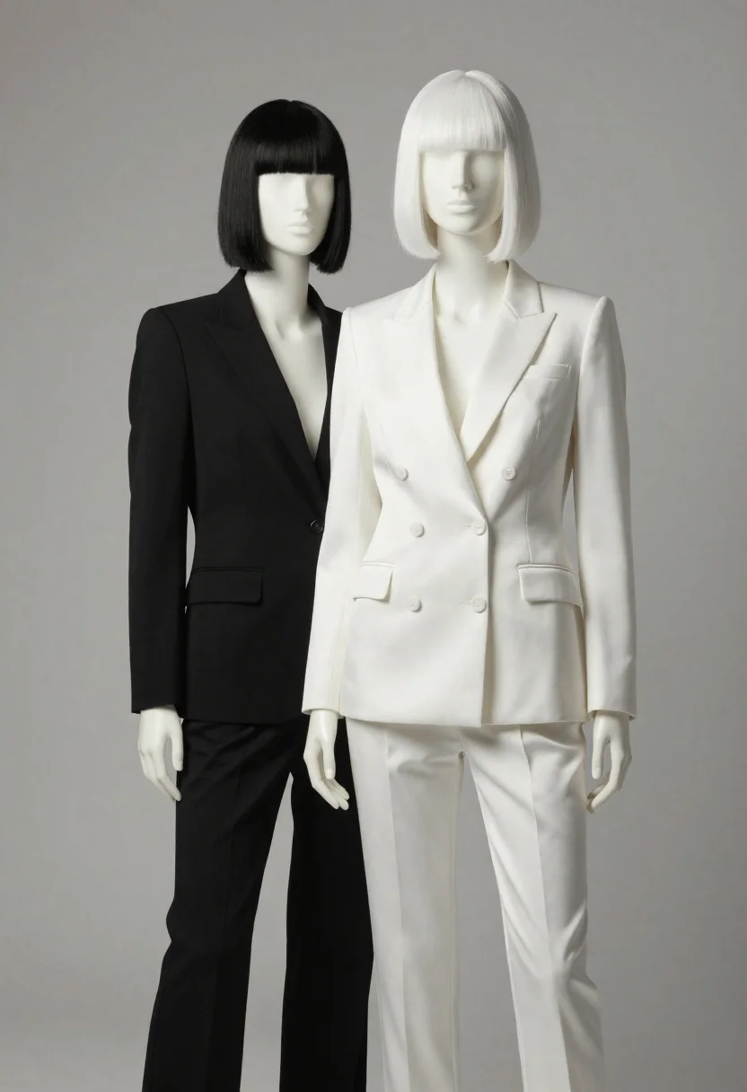 Two female mannequins in black and white studio fashion