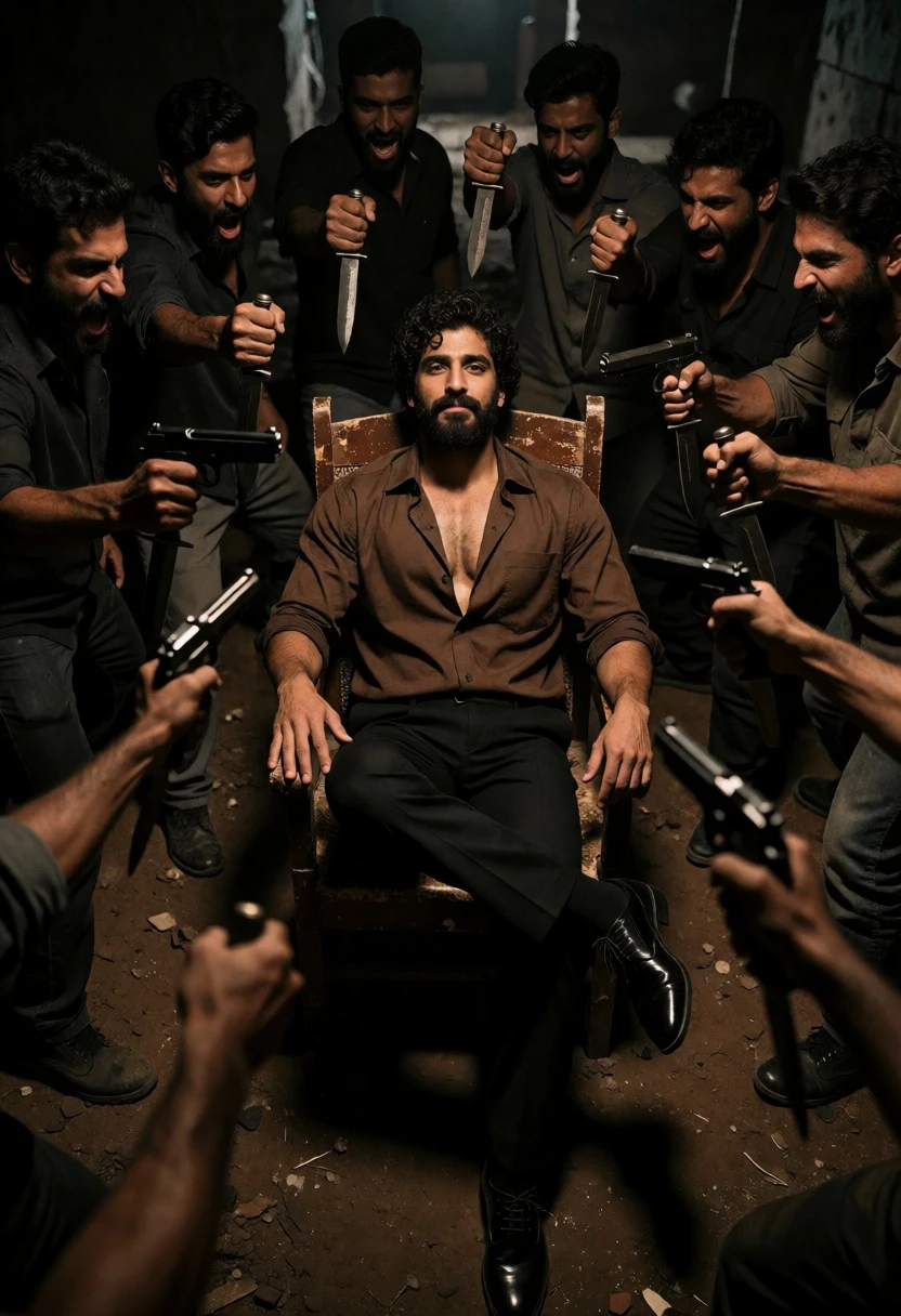 Muscular man seated calmly amid aggressive crowd with weapons in underground setting - AI generated image prompt sample