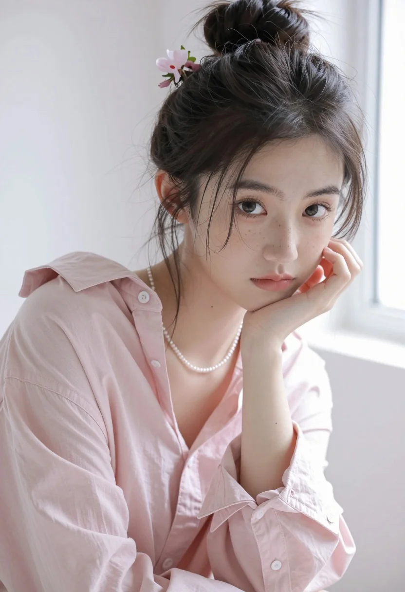 Portrait of young woman with dark hair in pink shirt against white - AI generated image prompt sample