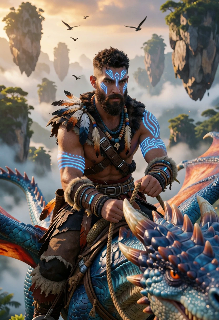 Rugged man riding blue dragon over misty floating rock formations at golden - AI generated image prompt sample