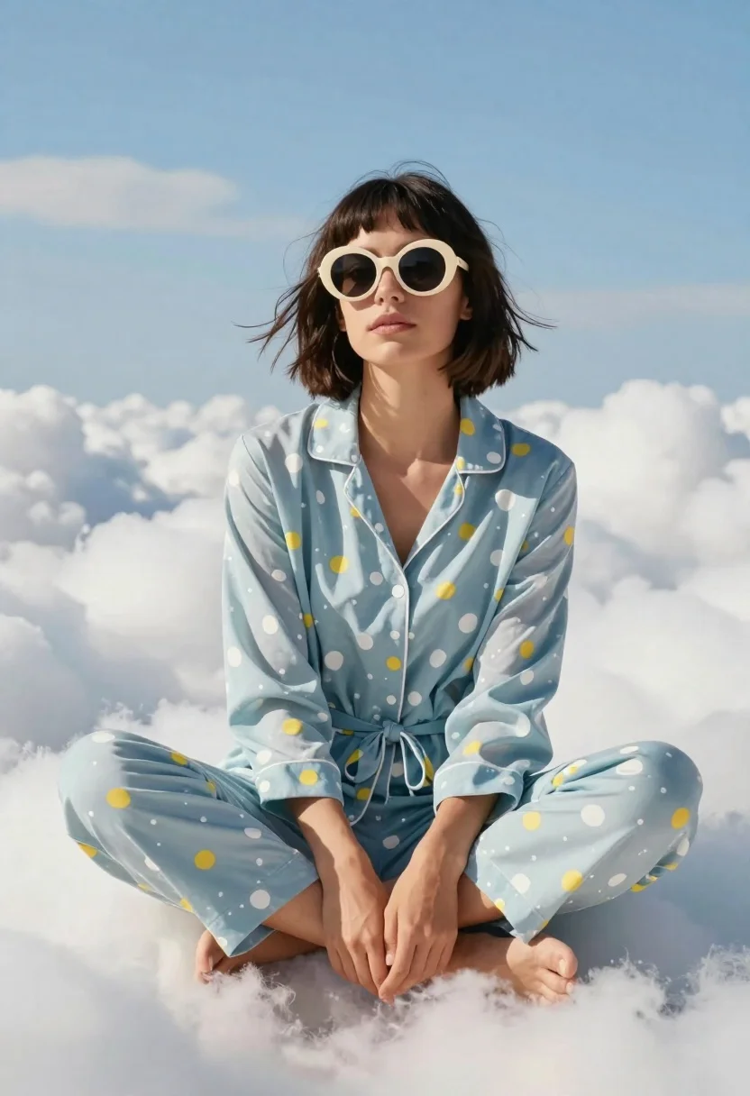 Woman in polka dot pajamas sitting in white clouds