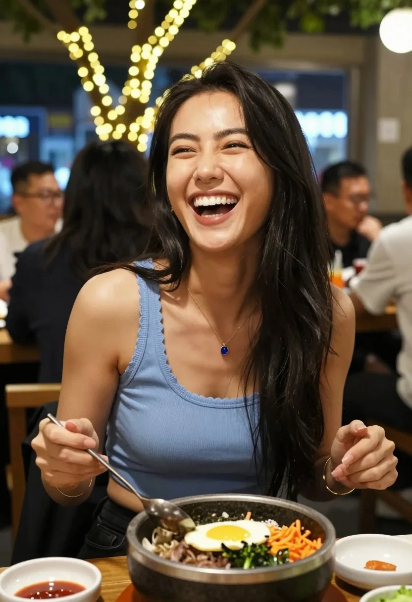 Joyful woman laughing at restaurant table with bibimbap in foreground - AI generated image prompt sample