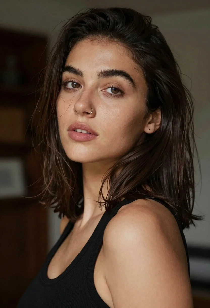 Close up portrait of young woman with dark brown hair indoors