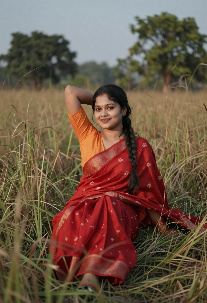 Young woman in red saree sitting gracefully in tall dry grass