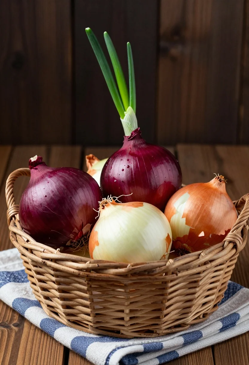 Close up still life of onions in a wicker basket on striped - AI generated image prompt sample