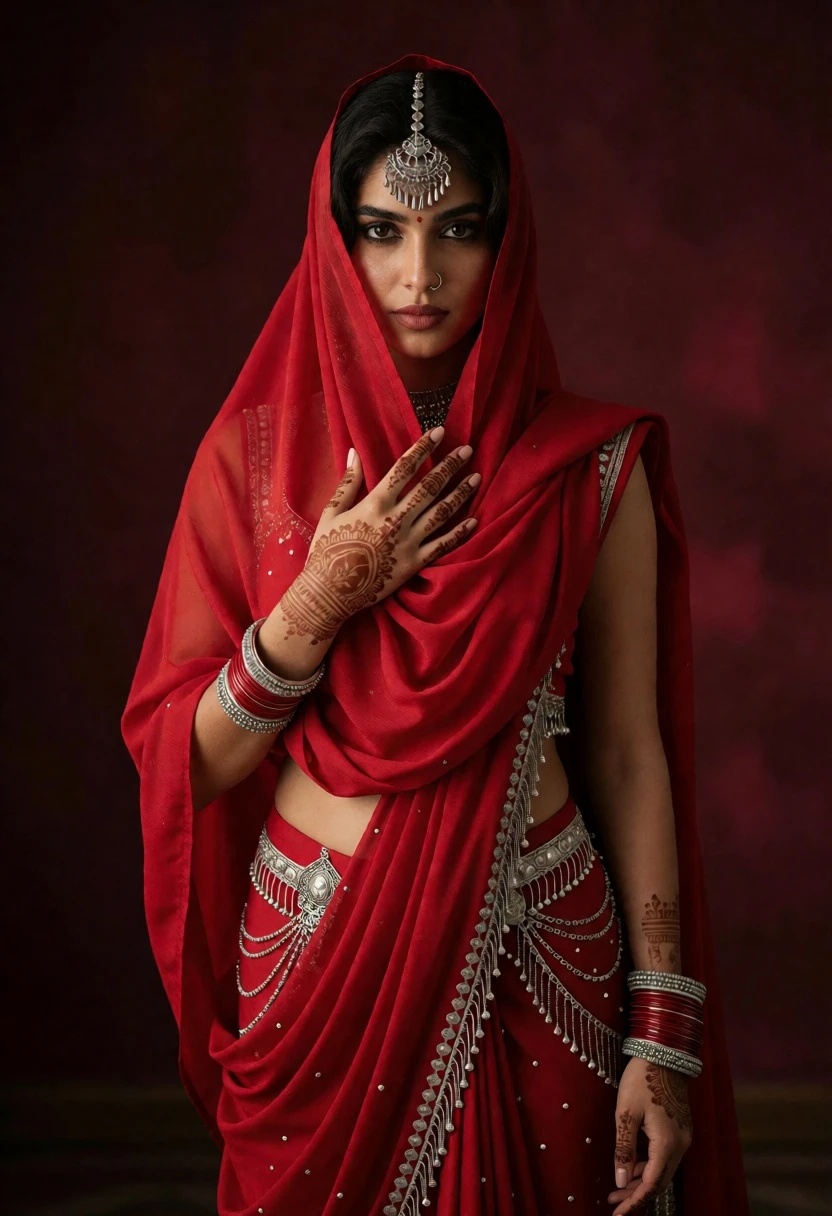 Woman in vibrant red draped fabric against a deep maroon solid backdrop - AI generated image prompt sample