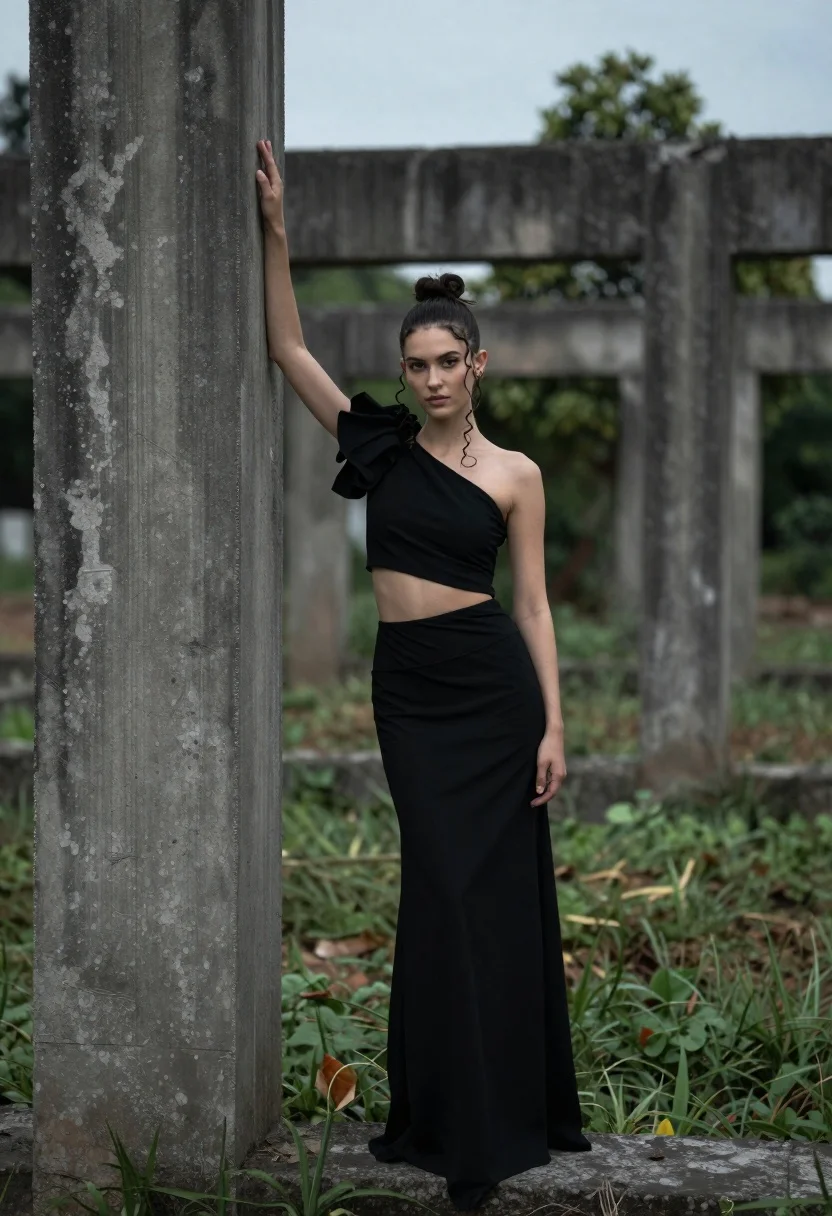 Young woman in black outfit between weathered concrete pillars outdoors