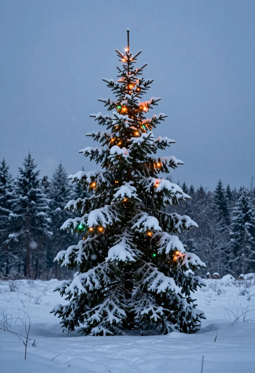 Snow covered evergreen tree with warm lights in a vast snowy field - AI generated image prompt sample