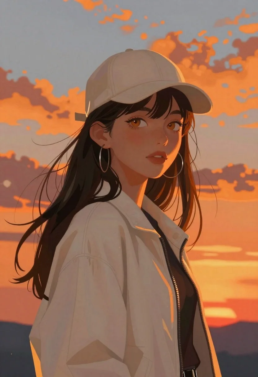 Young woman looking at viewer against dramatic sunset sky