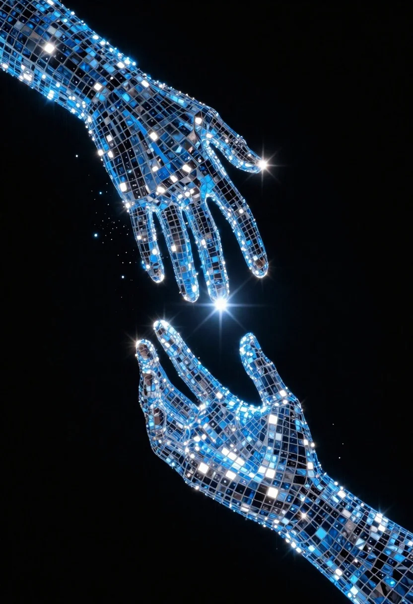Two dissolving hands reaching across black background