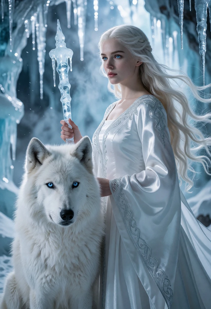 Woman with blonde hair and white wolf in an icy cavern setting - AI generated image prompt sample