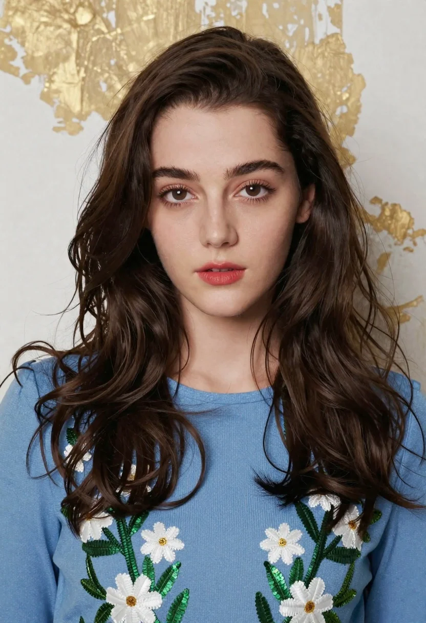 Medium close up portrait of young woman with dark hair - AI generated image prompt sample