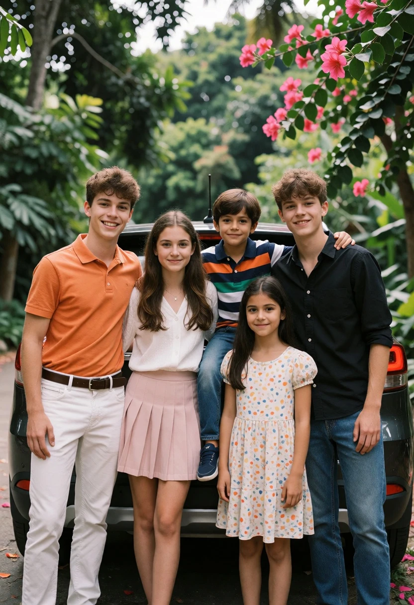 Group portrait of five siblings near a dark SUV - AI generated image prompt sample