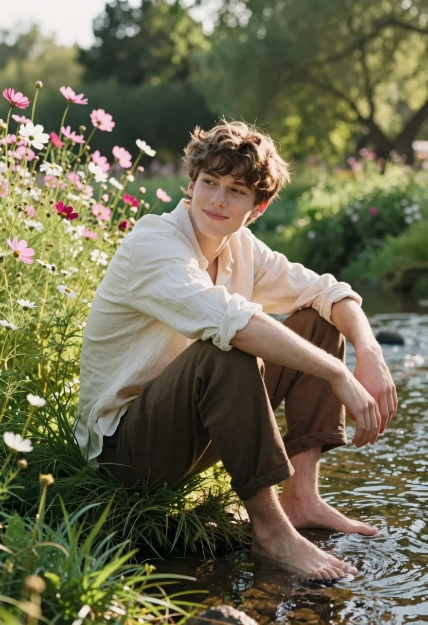 Young man crouching by shallow stream surrounded by wildflowers in nature - AI generated image prompt sample