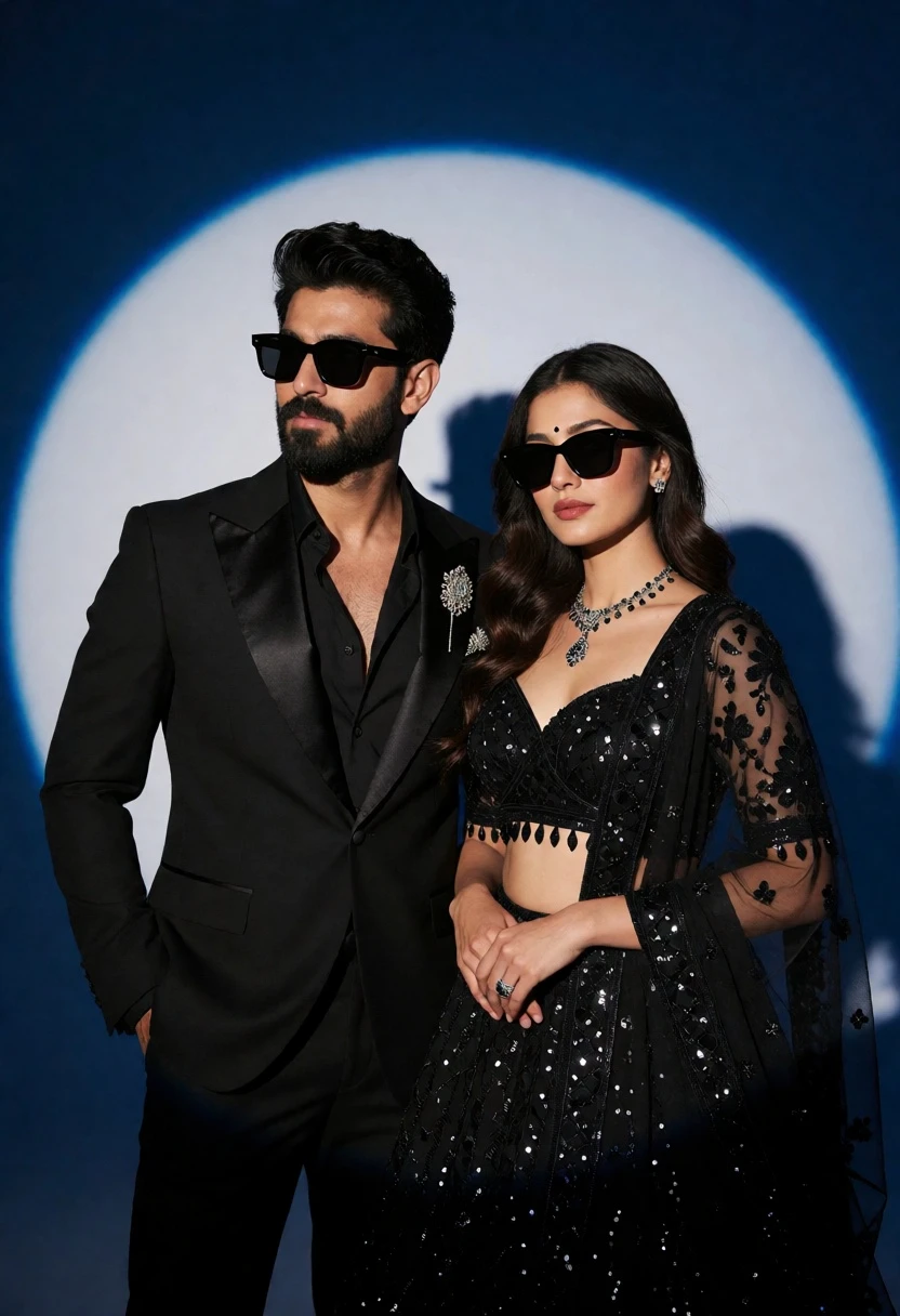 Stylish couple in formal black attire against deep blue spotlight backdrop - AI generated image prompt sample