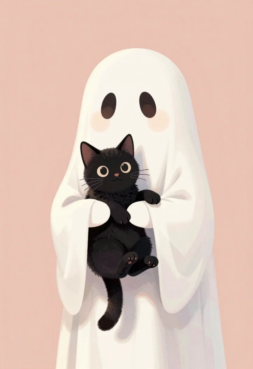 Pastel illustration of ghost hugging black cat