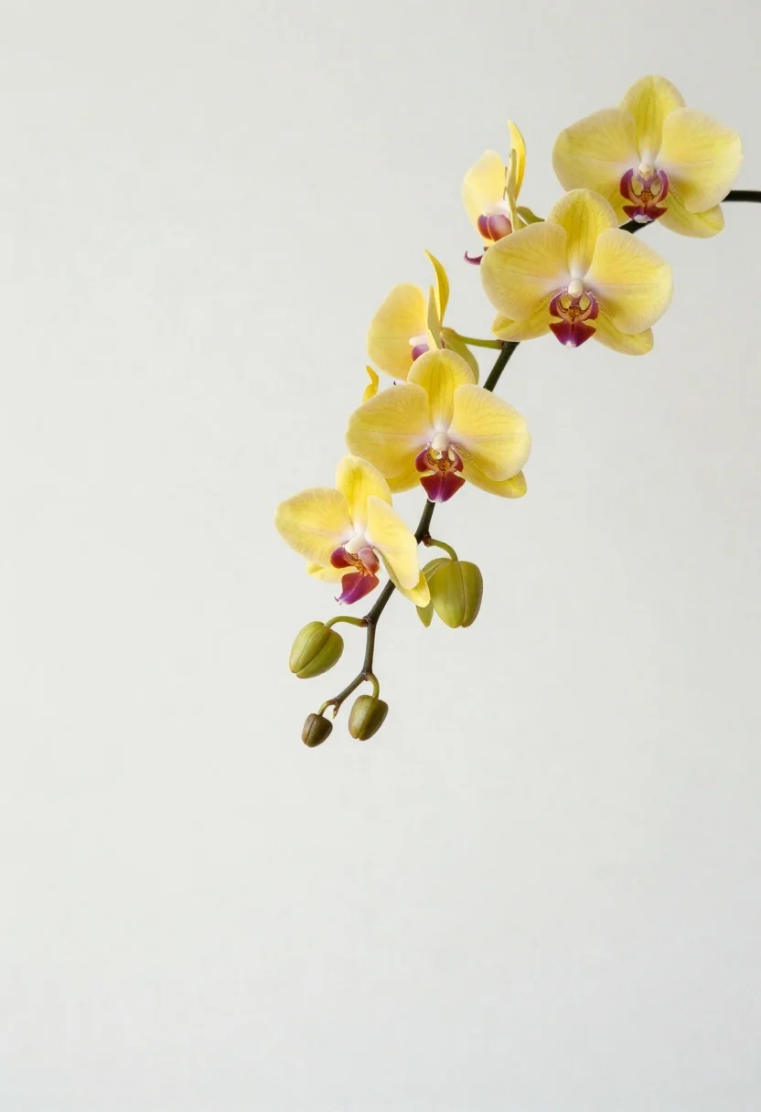 Yellow orchid floral still life on textured white paper