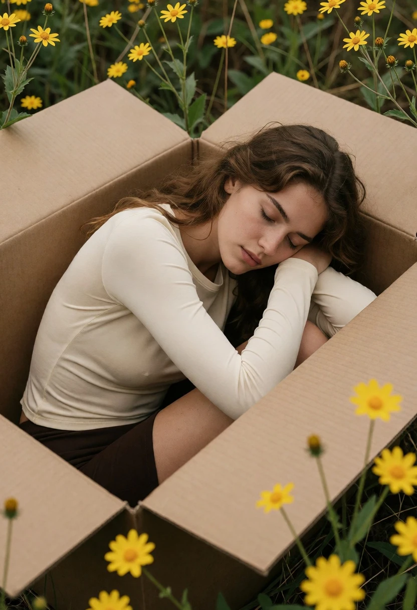 Young woman resting in cardboard box surrounded by yellow wildflowers outdoors - AI generated image prompt sample