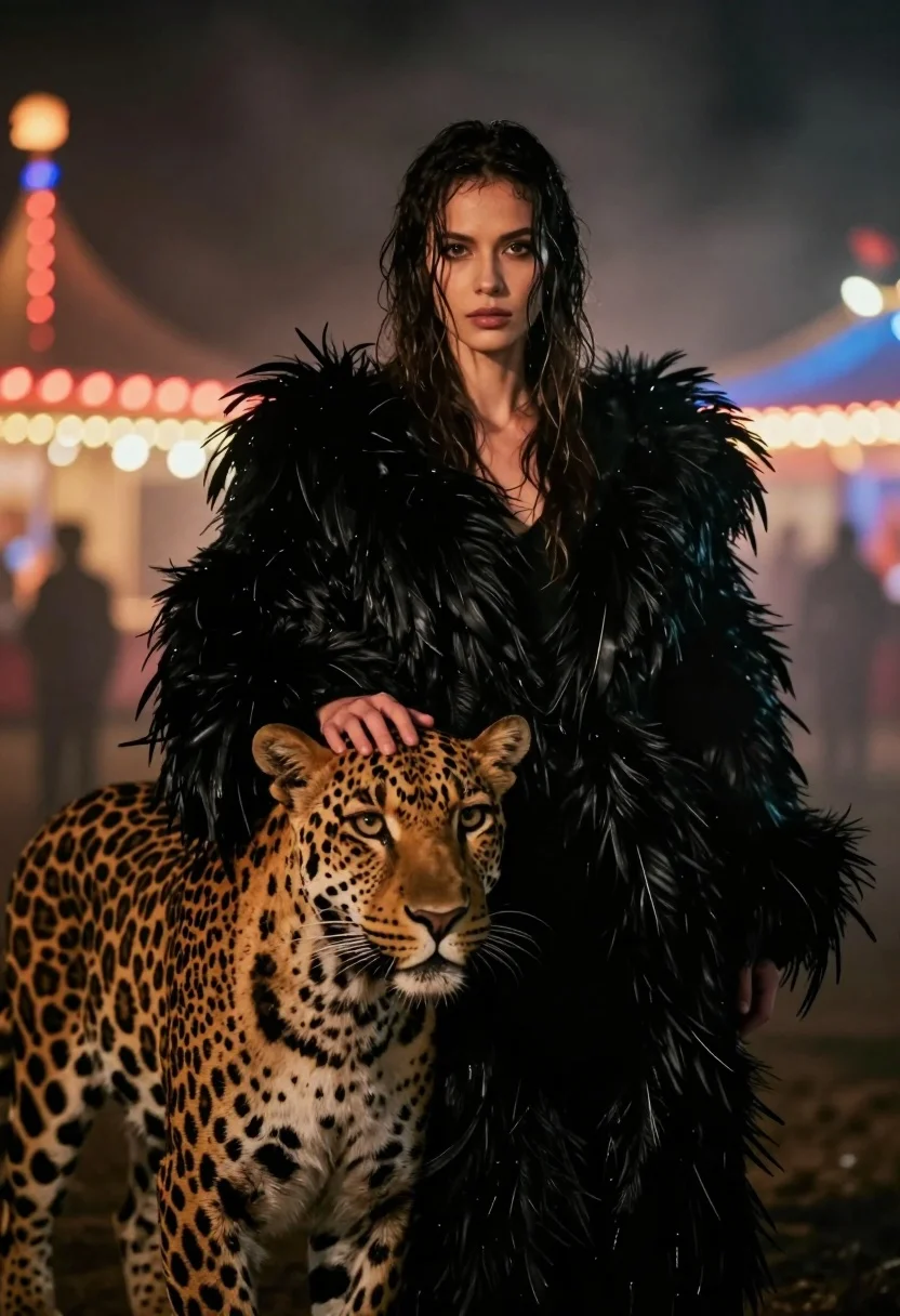 Woman with leopard in feathered coat against misty carnival lights at night - AI generated image prompt sample
