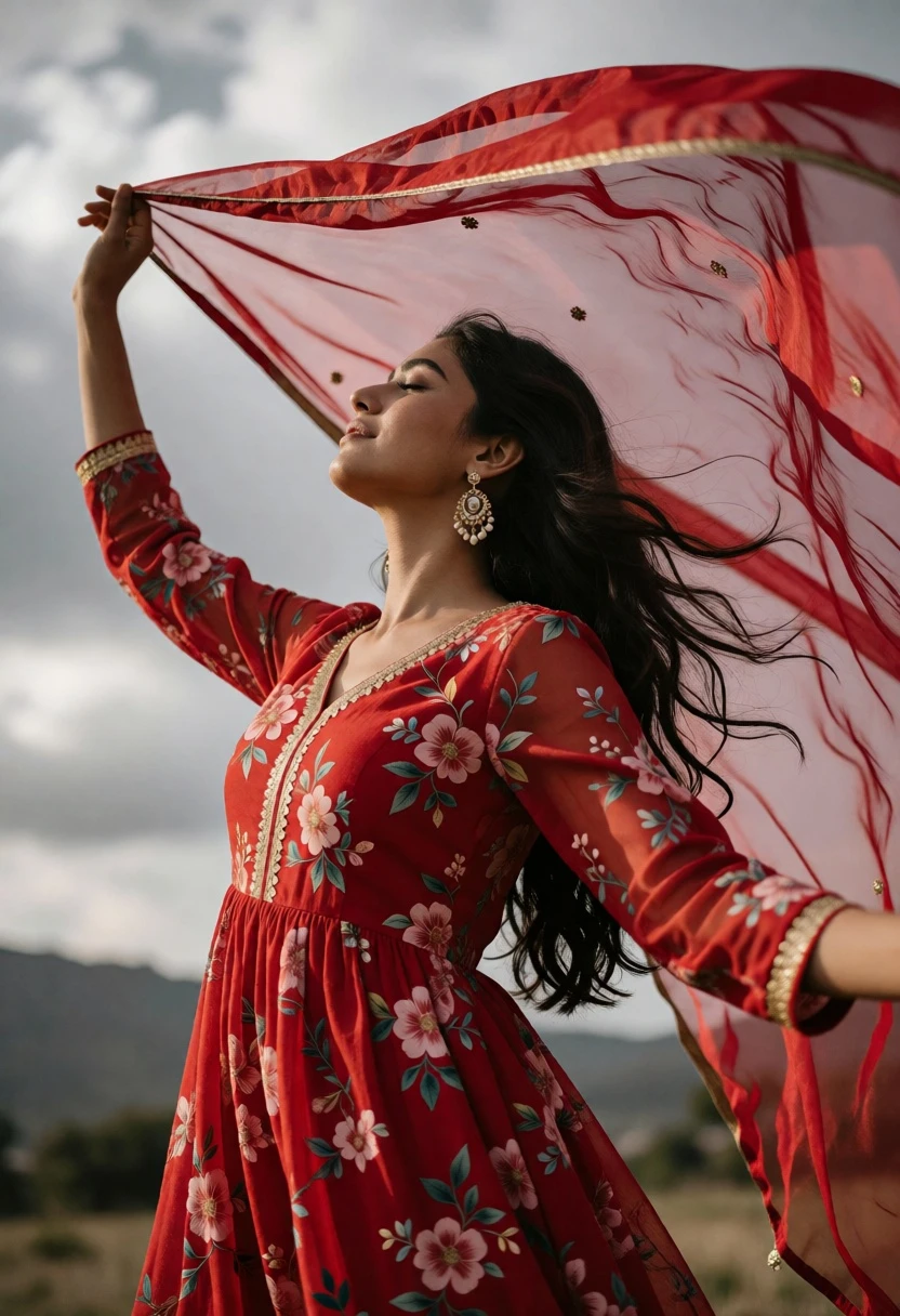 Woman in red floral dress holding sheer fabric against cloudy sky - AI generated image prompt sample