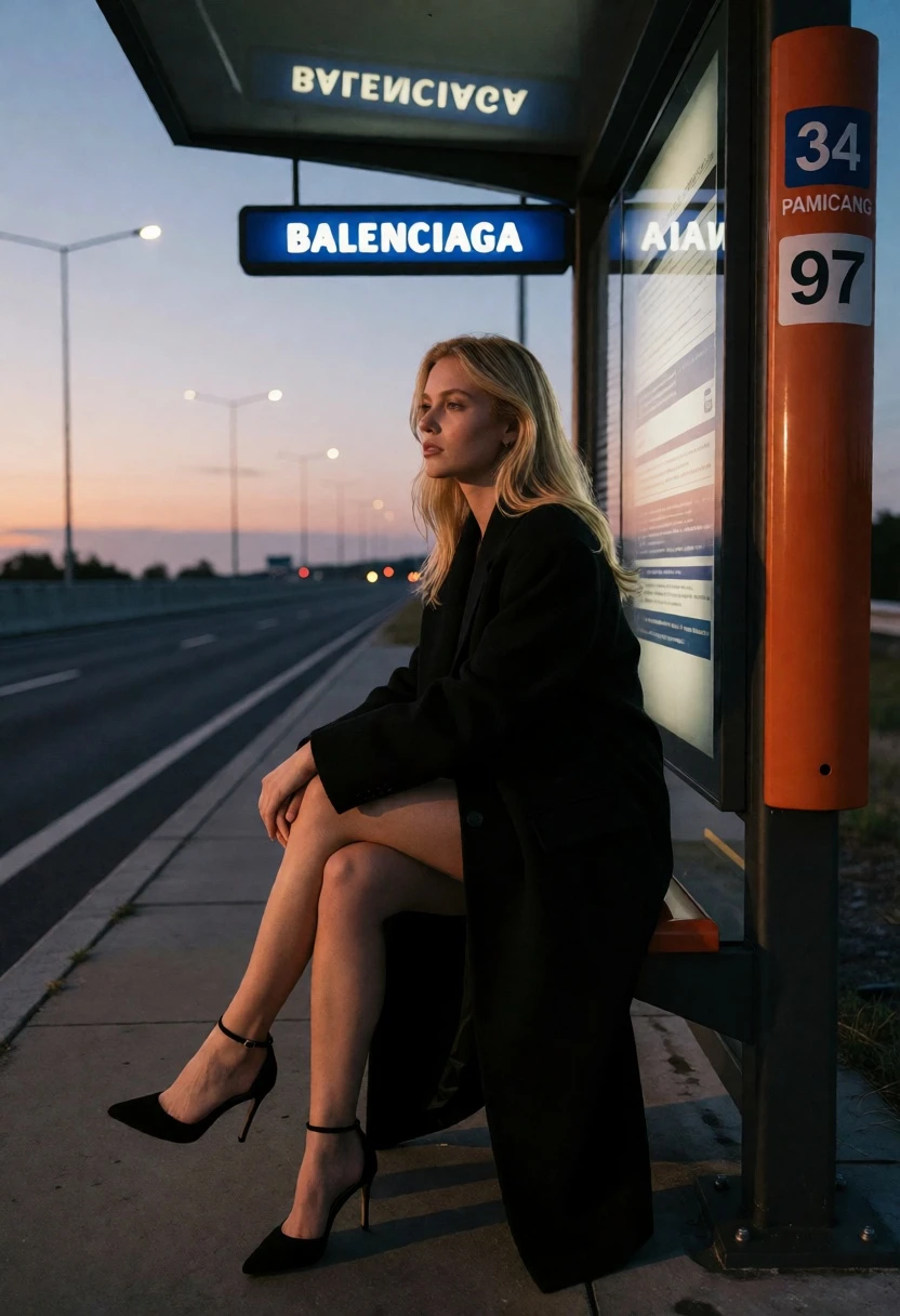 Woman in black coat sitting at modern bus shelter on empty highway - AI generated image prompt sample