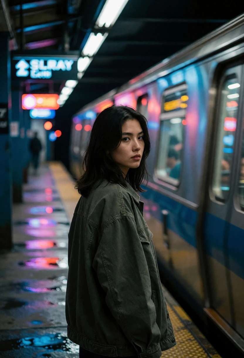 Young woman on subway platform watching moving blue silver train at night - AI generated image prompt sample