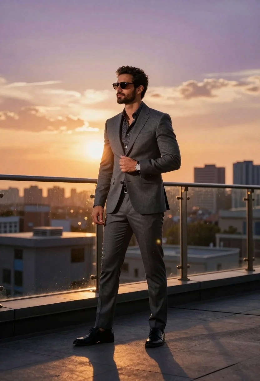 Man in suit on rooftop terrace at sunset