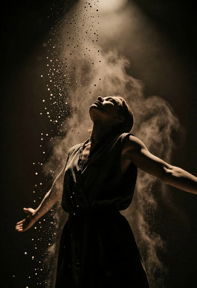 Low angle silhouette of person with outstretched arms under falling dust spotlight - AI generated image prompt sample