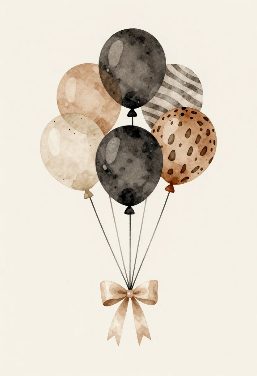 Watercolor illustration of balloons and beige ribbon bow - AI generated image prompt sample