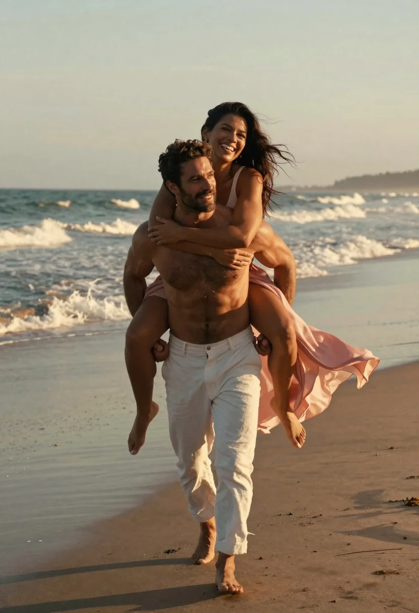 Muscular man giving woman piggyback ride on beach at sunset - AI generated image prompt sample