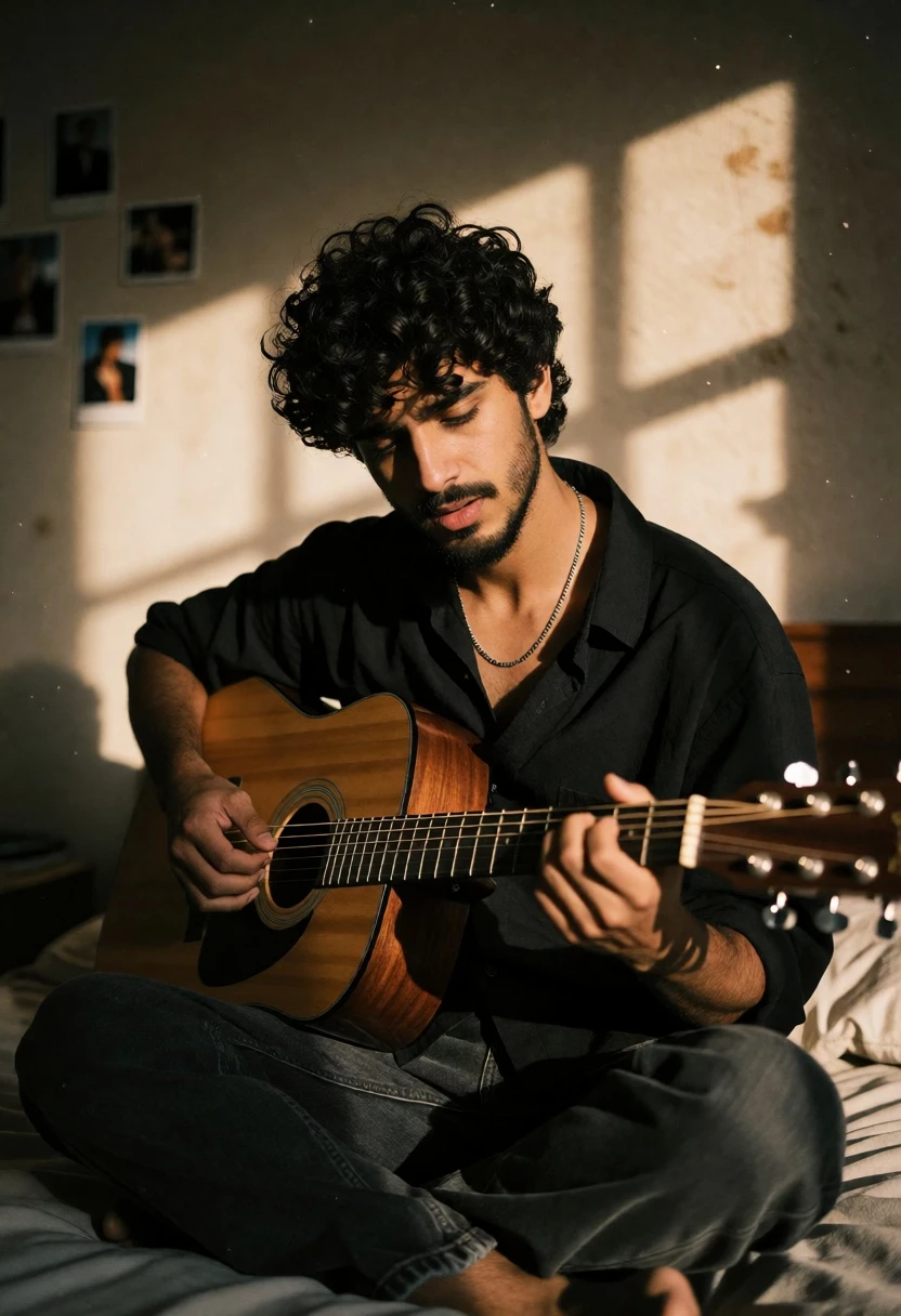 Young man playing acoustic guitar sitting crosslegged in dimly lit bedroom - AI generated image prompt sample