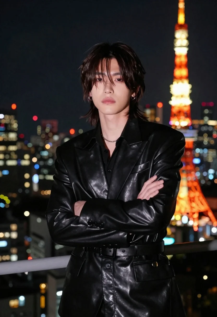 Man in black suit facing camera near tokyo tower